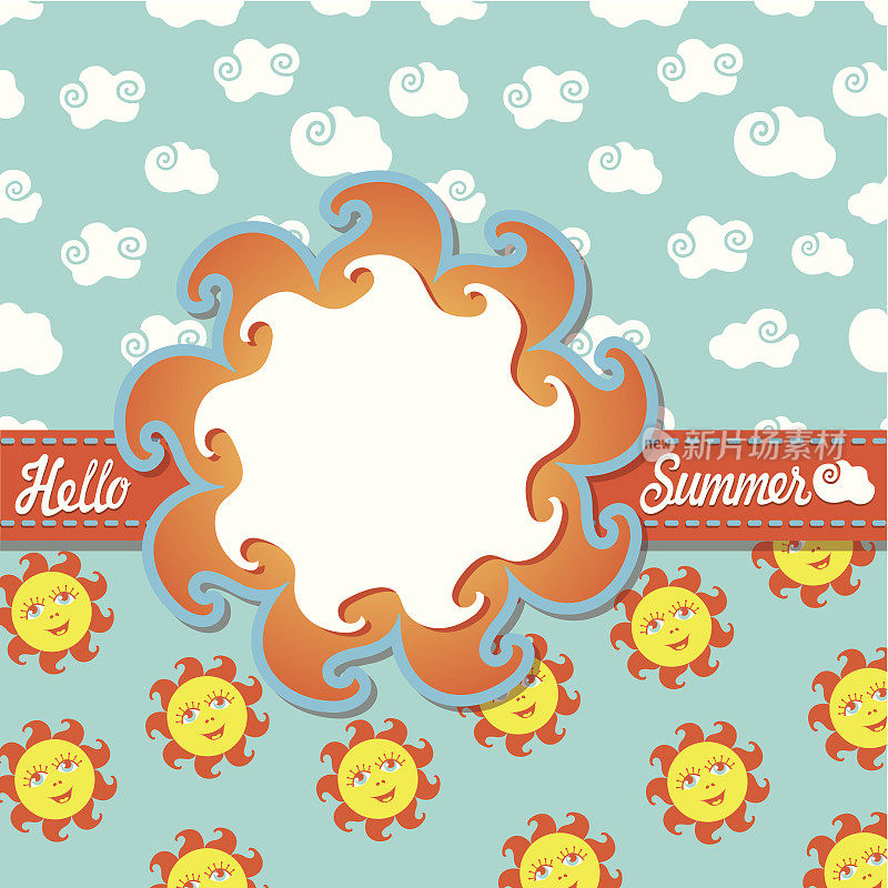 Hello summer with cartoon sun and clouds . Hello summer with卡通太阳和云